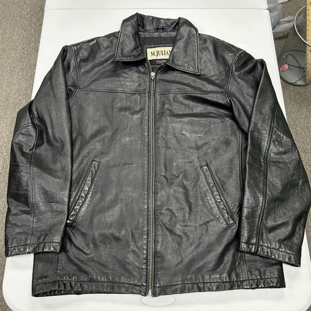 M. Julian Leather Jacket Mens L Black Full Zip Quilted Lined Wilsons Leather